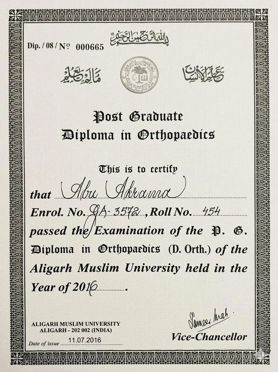 Post Graduate Diploma in Orthopaedics (D. Ortho) certificate, Aligarh Muslim University