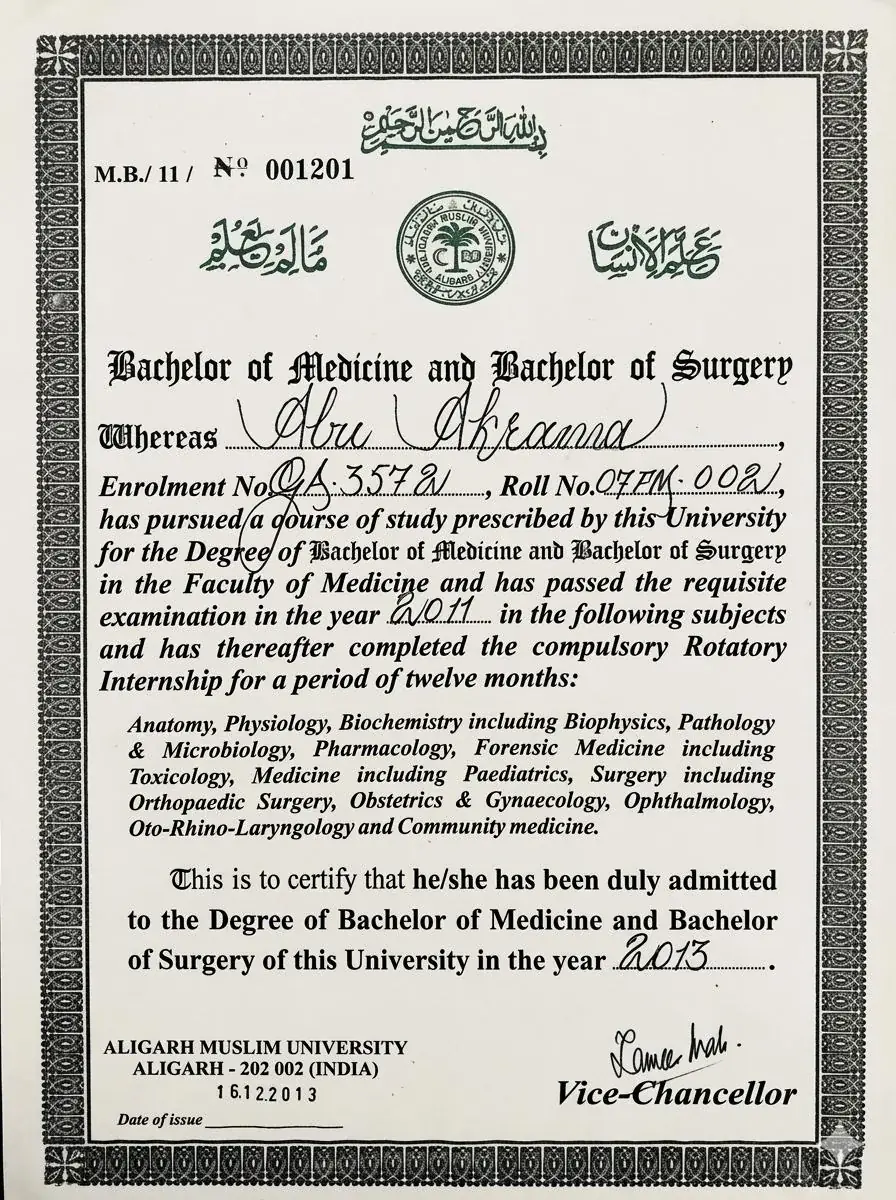 MBBS, Bachelor of Medicine and Bachelor of Surgery certificate, Aligarh Muslim University